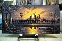 Wall Decoration of Angkor Wat Temple Oil Painting Signed 70cm x 140cm