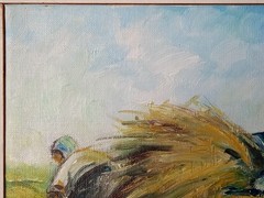 1960s Scandinavian Modern Oil Painting „Hay Harvest“ Signed.