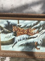 Beautiful 30.5”x43 Framed Oil Painting Of Leopard in Snow Antique Style Wild Cat