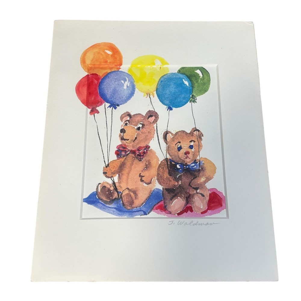 J. Waldman Teddy Bears Balloons Original Watercolor Painting Signed Matted Art