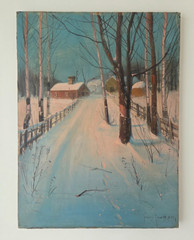 Svend R. Svendsen Antique 1920’s Oil Painting Winter Landscape Cabin Birch Trees