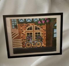 Hand Painted Bicycle Flower Shop Street Scene Framed Acrylic Artwork -Ships Free