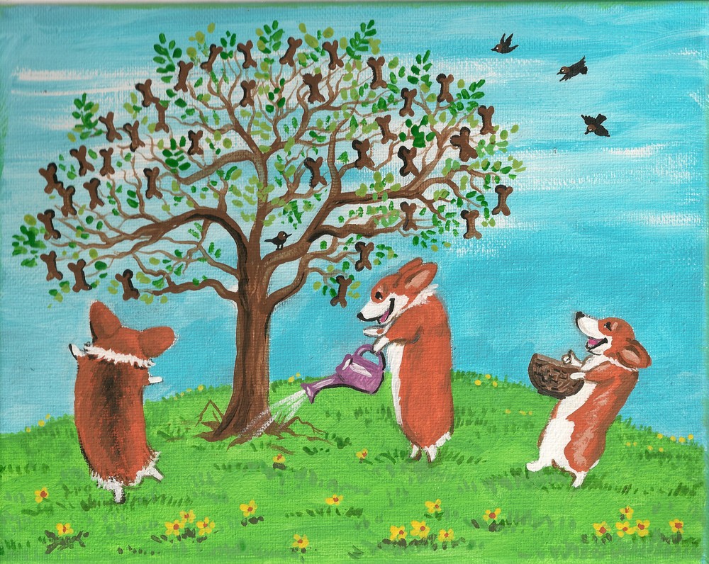 PRINT OF 5×7 PAINTING PEMBROKE WELSH CORGI FOLK ART RYTA COOKIE TREE DOG SPRING