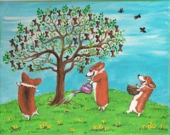 PRINT OF 5×7 PAINTING PEMBROKE WELSH CORGI FOLK ART RYTA COOKIE TREE DOG SPRING