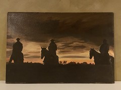 Vintage Painting On Wood Board Cowboys on Horseback Silhouette Sunset 24×16