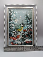Winter Tit Original oil painting Impasto Signature Size 6*4 Winter landscape