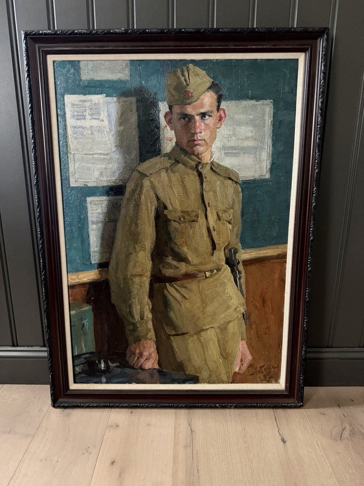 1964 Soviet Socialist Realism Oil Painting Ukrainian Soldier Sentry Ivan Loboda