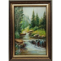 Summer Nature Oil Painting Waterfall in Forest Signed Framed 6×4 Art
