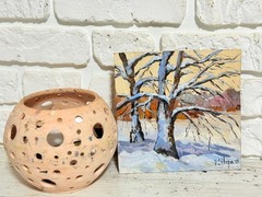 Original Oil Painting Winter Sunset Landscape Forest Impressionism Art Signed