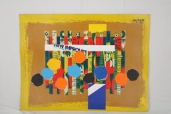 Mid Century Collage Abstract Style Oil Painting On Canvas Signed Jon Henry