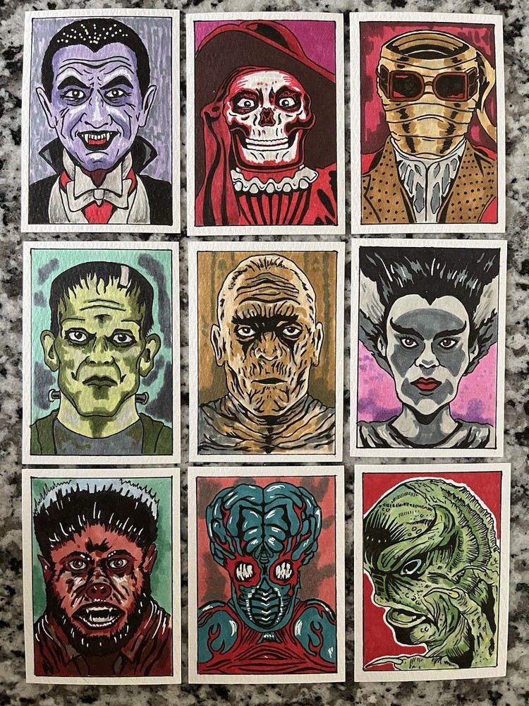 MONSTER – ACEO – Art Sketch (9) Card Set Painting Drawing KISS Frankenstein