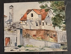 Vintage watercolor painting of a European-style street scene -Double sided