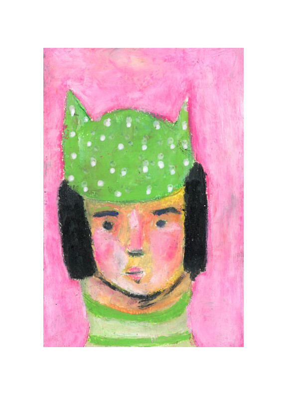Winter Art Woman Portrait Painting Green Polka Dot Hat Naive Outsider Miz Katie