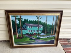 Vintage Folk Art Landscape House Primitive Oil Painting Ornate Wood Frame 36×28