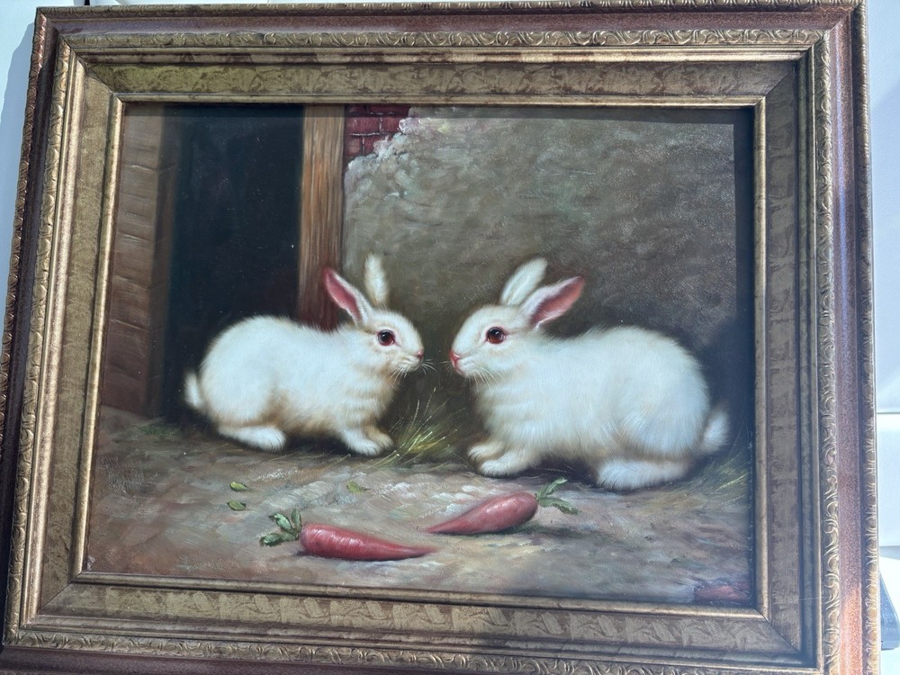 Vintage Oil Painting Two Rabbits with Carrots Framed Canvas Art 13.5×15.5