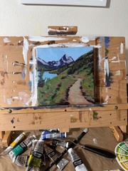 Glacier Park Trail Landscape Painting – Lake, Forest Path & Snowy Peaks Wall Art