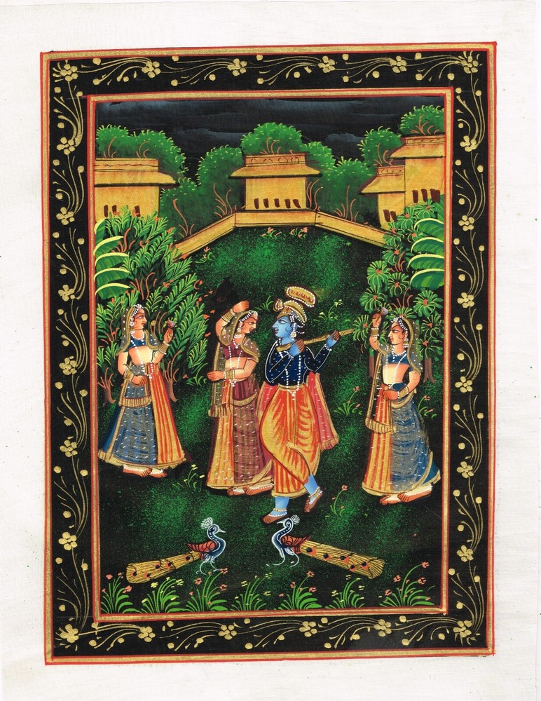 Hand Miniature Painting Of Krishna Playing Flute With Goddess Radha 10×13 Inches