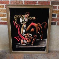 Large 36 x 30 Vintage Black Velvet Matador and Bull Painting, Bullfighting