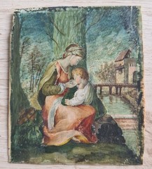 Antique French 1850s Religious Miniature Painting Madonna Child Gilt Frame
