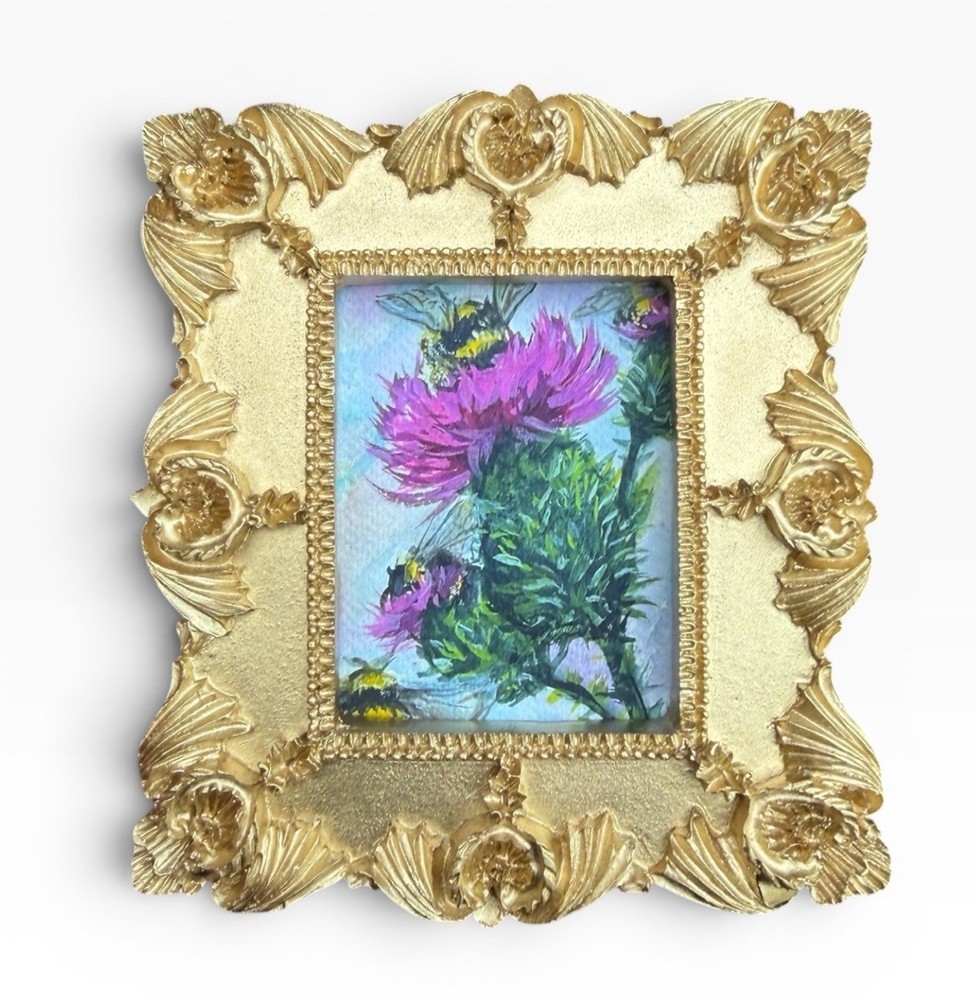 Bumblebee & Thistle miniature art watercolor print in vintage ornate frame