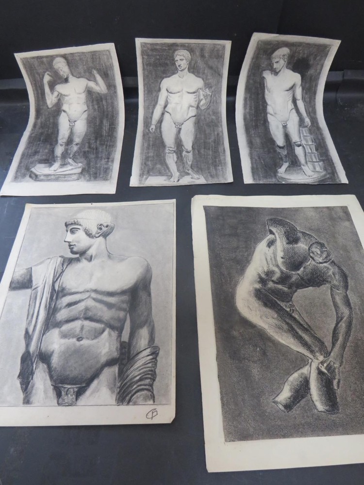Classical Roman Male Nudes Monogrammed x5 Pencil Drawings Circa 1890