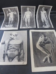 Classical Roman Male Nudes Monogrammed x5 Pencil Drawings Circa 1890