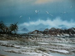 MYSTERY ARTIST ?? HAWAII COASTAL SEASCAPE OCEAN ROCKY SHORELINE SHORE BIRD BIRDS