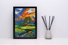 Abstract Landscape Original Art House in the Field Wall Art Oil Pastels Sunset