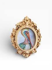 TEENY MINI • Colorful Pelican watercolor bird print in TINY ornate frame