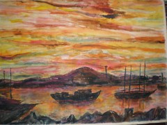 New England Harbor scene Boats / Canoe in the Sunset Gouache Initial SR dated