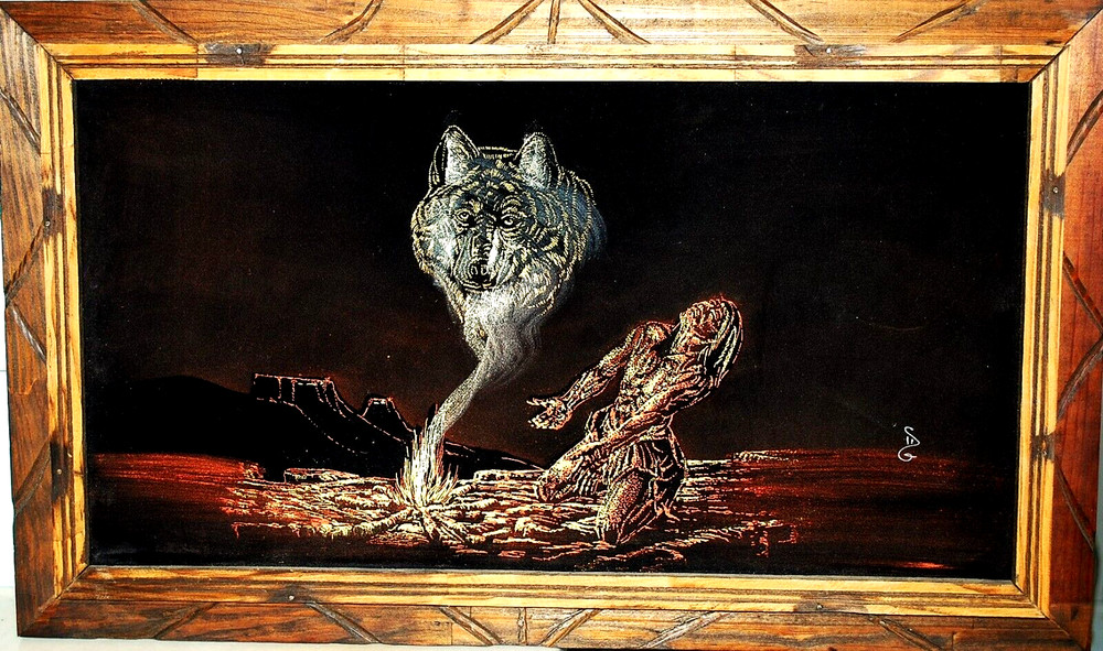Vtg NATIVE AMERICAN WOLF Original BLACK VELVET OIL PAINTING Carved Wood Frame