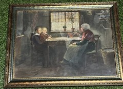 Vintage Antique Paul Doering Watercolor Painting Dutch Interior Mother Children
