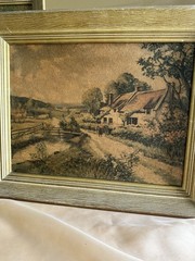 Set of 2 Vintage Golden Woodgrain 8×12 Picture Frames w Spring Farm Scene Print
