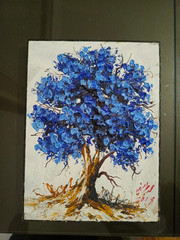 Original Impasto Oil Painting Blue Tree Floral Small Wall Art Signed 2018 6×8″