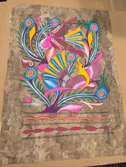 One of a Kind Aztec Vibrant Hand Painting of Birds in Tree on Bark New w/o Tags