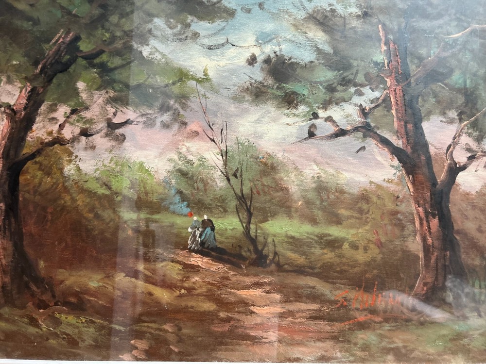 ITALIAN OIL ON CANVAS 2 WOMEN IN THE WOODS , SIGNED BY THE ARTIST