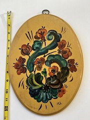 Norwegian Rosemaling painted wood art decor hanging picture 1980s handmade