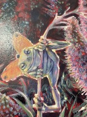 Original Flying Frog Painting floral art flowers ladybug Funny Artwork Amphibian