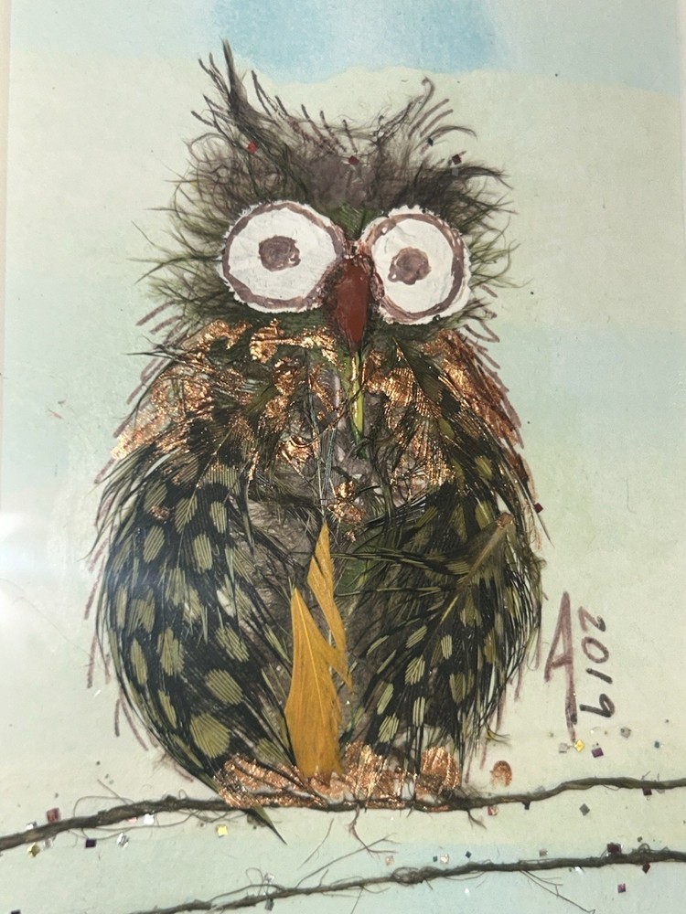 Original 2019 Frazzled Owl W/Feathers Watercolor 5”W 7”T (3.25”x4.5”)