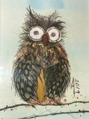 Original 2019 Frazzled Owl W/Feathers Watercolor 5”W 7”T (3.25”x4.5”)