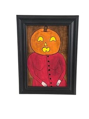 Original Painting Pumpkin Girl Jack O’lantern #2 framed Dark art Ooak Halloween