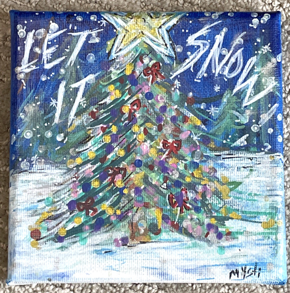 Let It Snow Original Painting Christmas Art Blue Xmas Snowfall Trees