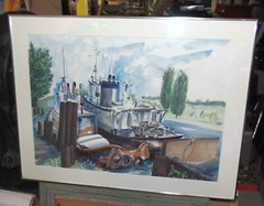Wonderful Large Watercolor by Seattle Artist Paul Newman „Barge Tenders“.