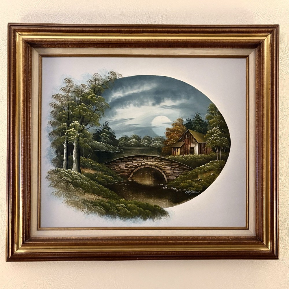 Vintage Oil Painting Nathan Winters Large 31 x 27 Vignette Rustic Night Bridge