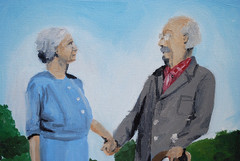 Vtg ‚ELDERLY COUPLE‘ PORTRAIT Acrylic Painting On Board Signed Framed 20″ x 16″