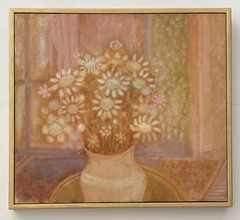 Vintage 70s Modernism Impressionism Still Life Daisy Flower Vase Window Painting