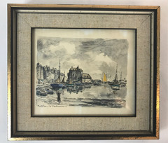 Joseph-Marie Le Tournier /La Brige French Harbor Watercolor Miniature Hand Litho
