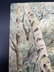 Antique E Raissiguier French Landscape Watercolor Painting Birch Peasant Woman