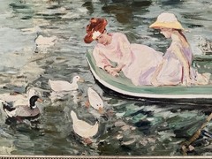 Beautiful framed Oil on canvas painting mother & daughter on the lake 33” x 37”