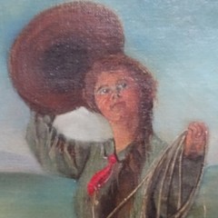 Antique Original Oil Painting on Canvas COWGIRL Roping A Bull Framed 17×16 in